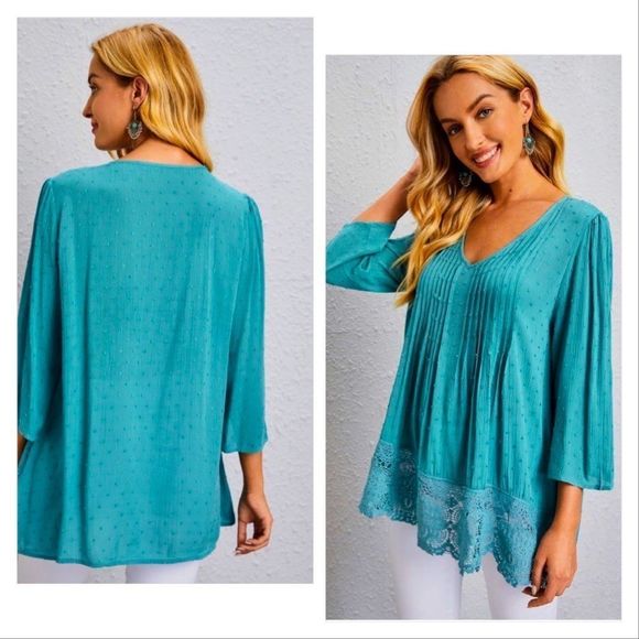 NWT! SWISS DOT LACE TRIM SOLID BLOUSE IN CADET BLUE! - Picture 8 of 12